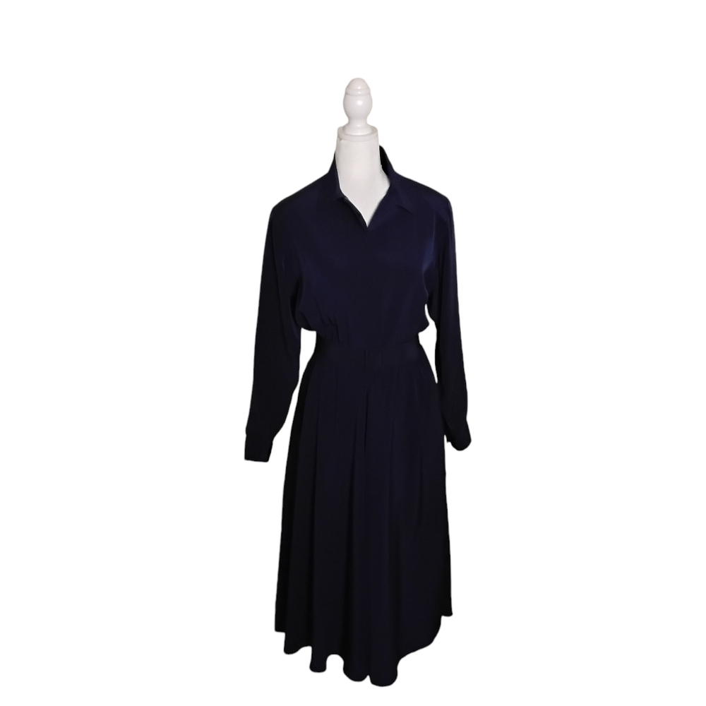 MS Chaus Women's Navy Pullover Long Sleeve Belted Buttons Flowy Midi Dress 6